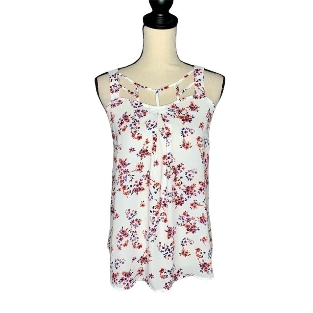 Maurices White Floral Print Caged Sleeveless Tank Top Women's Size Small S